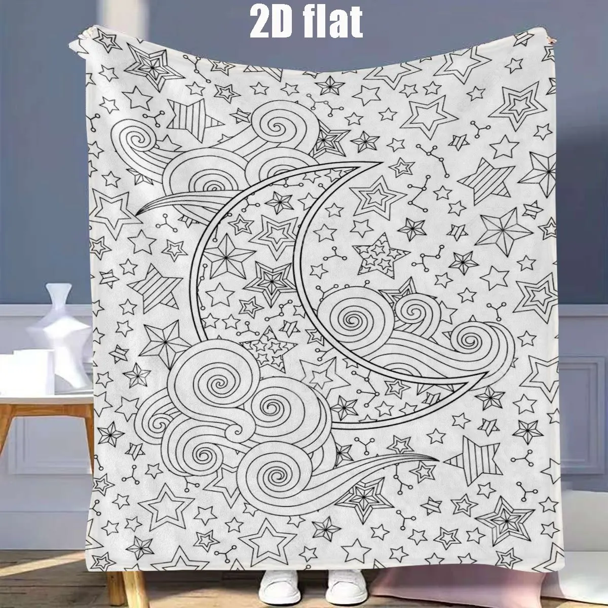 Sketch Mystical Night Sky Crescent Moon Design Throw Blanket Soft Flannel for Sofa Lap Cover Cozy Rest Time Home Decor Gift