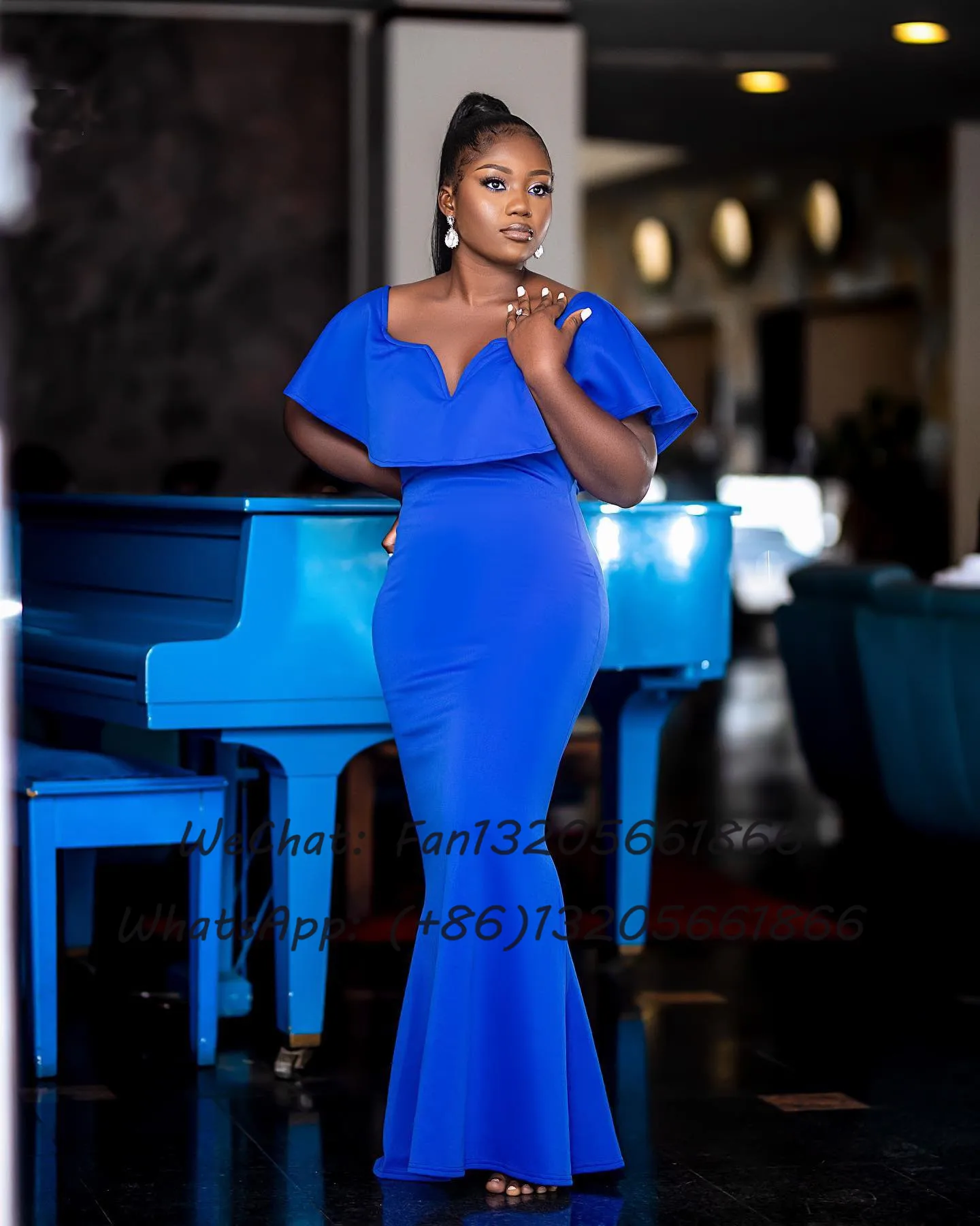 Royal Blue Mermaid Bridesmaid Dresses Floor Length V-neck Cap Sleeve Formal Wedding Party Dress African Nigerian Evening Gown