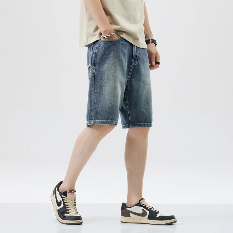 Summer Thin Loose Men's Denim Shorts Vintage Blue Fashion Korean Straight Knee-length Short Jeans Bermuda Street Casual Shorts