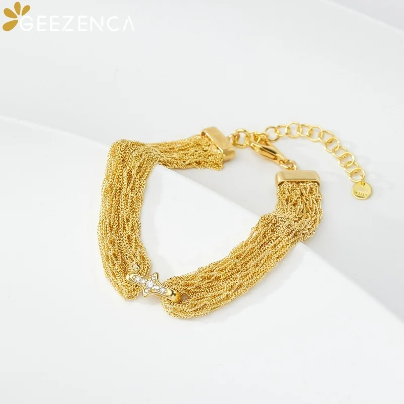 GEEZENCA Italy S925 Silver Interlinked Multi-Layered Chain Bracelet For Women CZ Star Gold Plated 11mm Wide Unique Luxury Gift