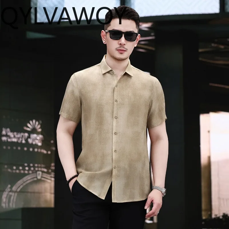 QYLVAWOY 100% Mulberry Silk Men's Shirts Luxury Shirt Man Vintage Clothes Summer Shirts for Man Short Sleeve Tops Ropa Hombre