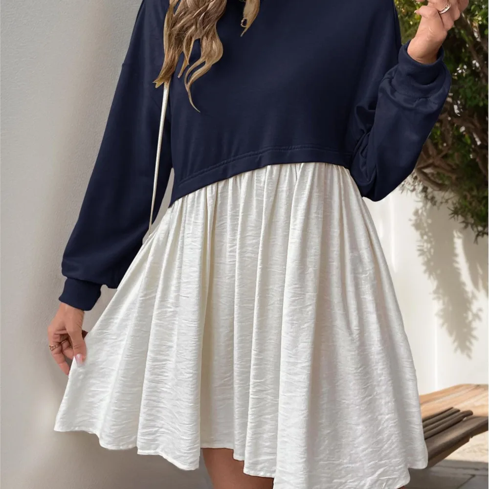 Dresses 2025 Woman Sweet Casual Round Neck Vestidos Long Sleeve Color Block Loose Dress Simple Style All-match Commuting Trendy