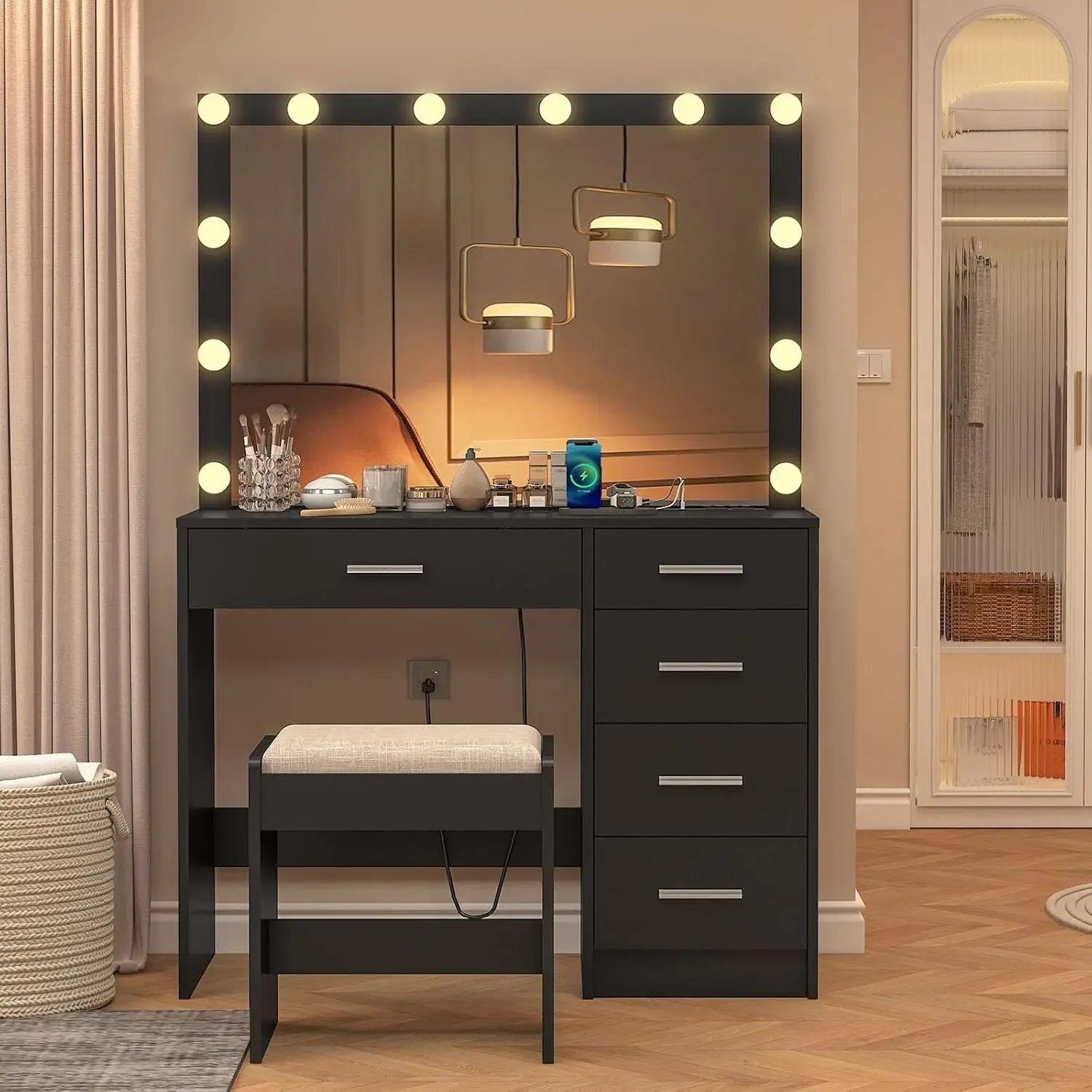 usikey Makeup Vanity with 12 Lights, Vanity Desk with Power Outlet, Makeup Vanity Table with 5 Drawers, Large Mirror, Dressing