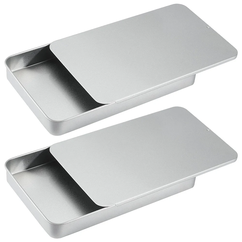 2Pcs 6.61 x 4.06 x 0.77 Inch Pocket Tin Box Metal Slide Tin Containers Reusable Rectangular Sliding Top Tinplate Travel