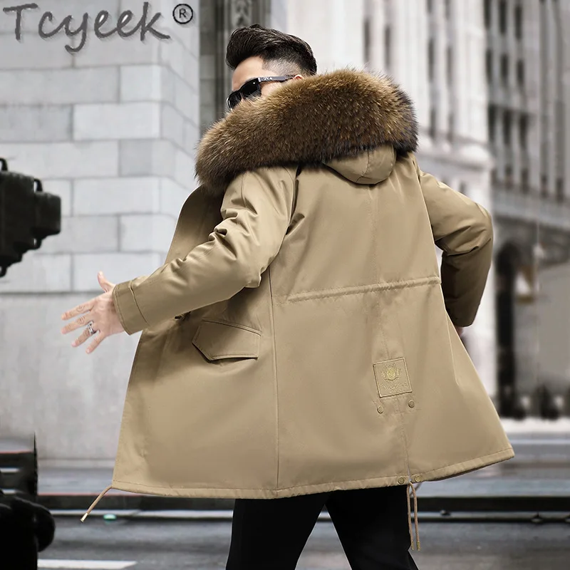 Tcyeek 2023 jaket musim dingin kerah bulu rakun hangat untuk pria lapisan bulu rubah yang dapat dilepas mantel pakaian pria mode bulu asli Parka Khaki