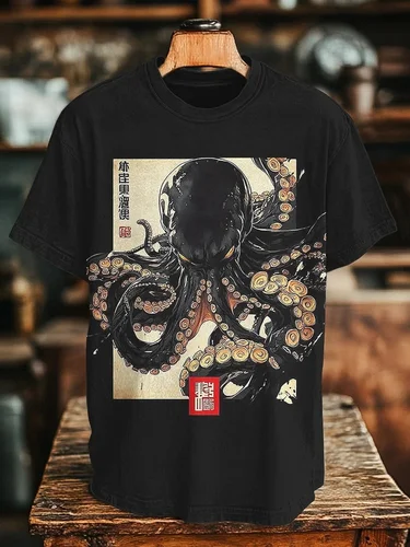 Imagen 1 del producto Camiseta con estampado de arte japonés de pulpo oscuro para hombre, camisetas con estampado Retro de poliéster 100%, camisetas informales holgadas con pintura grande, túnicas de gran tamaño