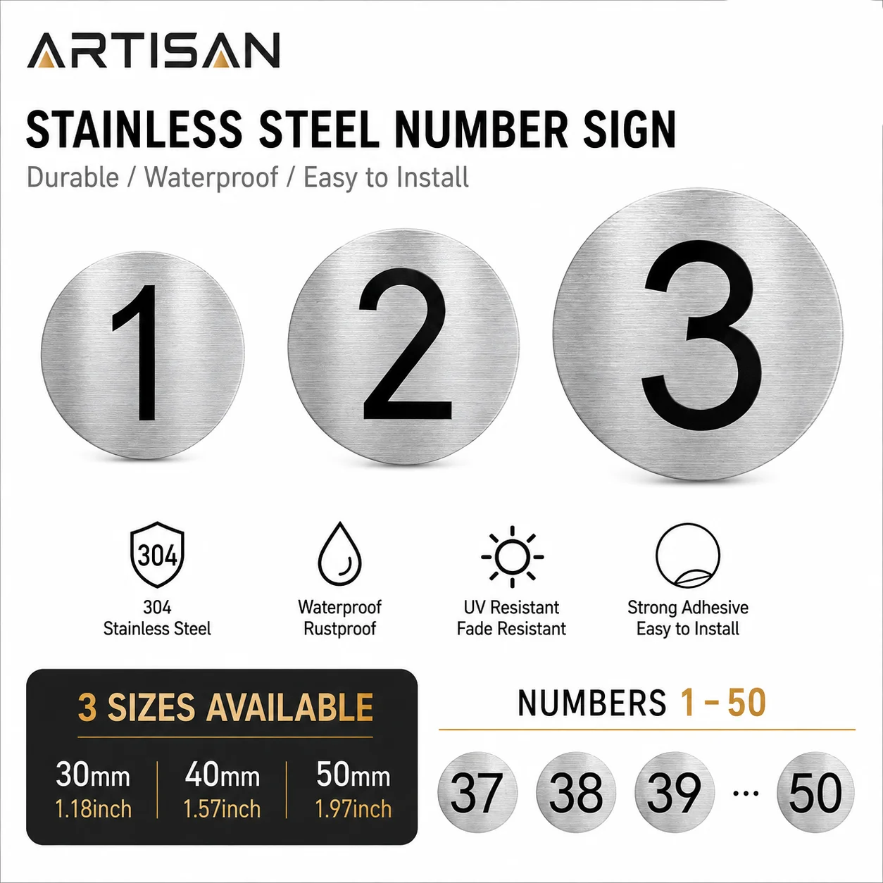 30/40/50mm Stainless Steel Number Plate 1-36 Self Adhesive Round Locker Mailbox Door House Number Sign Brushed Metal Label 2mm