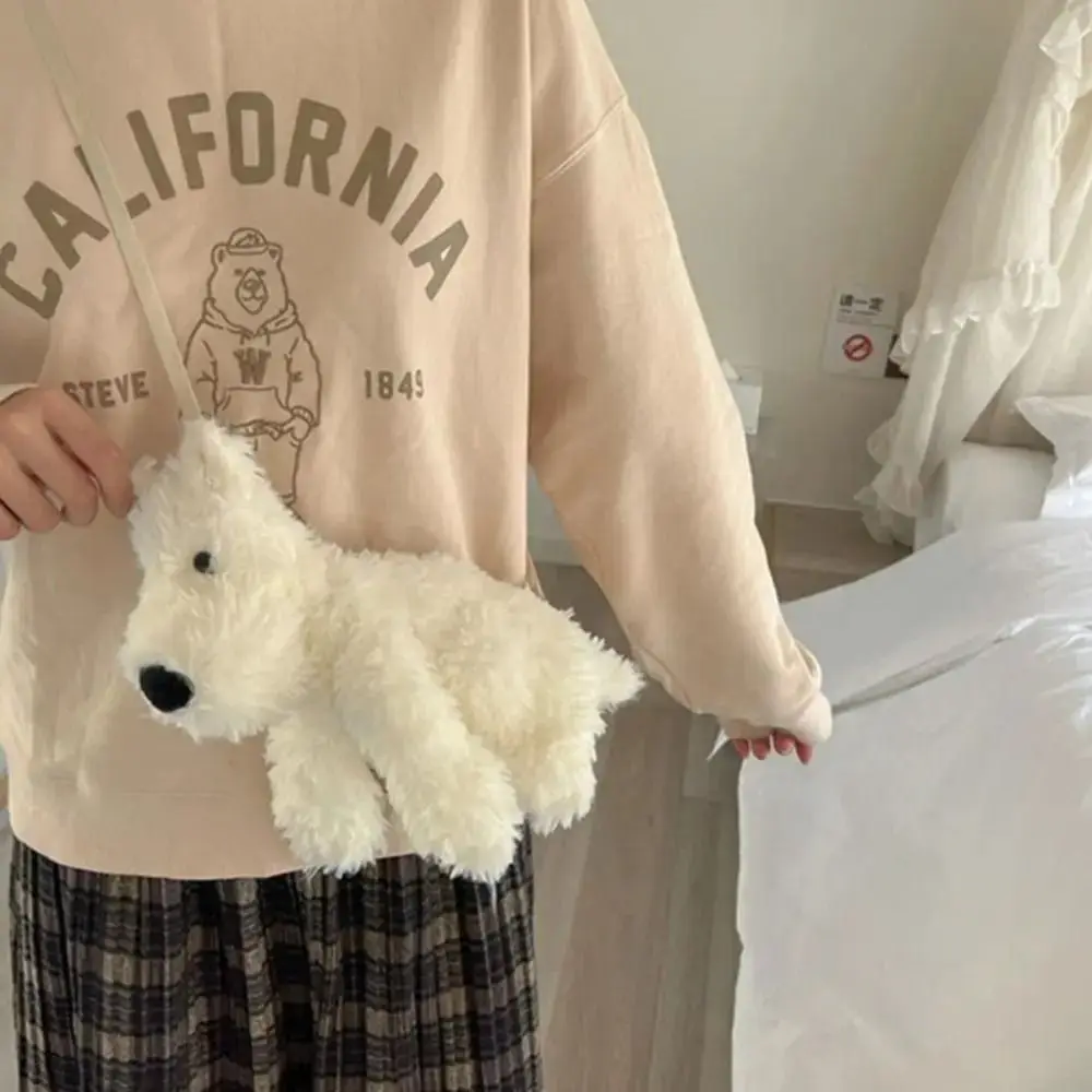 Fashion West Highland Puppy Shoulder Bag Fluffy Kawaii Dog Doll Bag Stuffed Doll Tote Girl