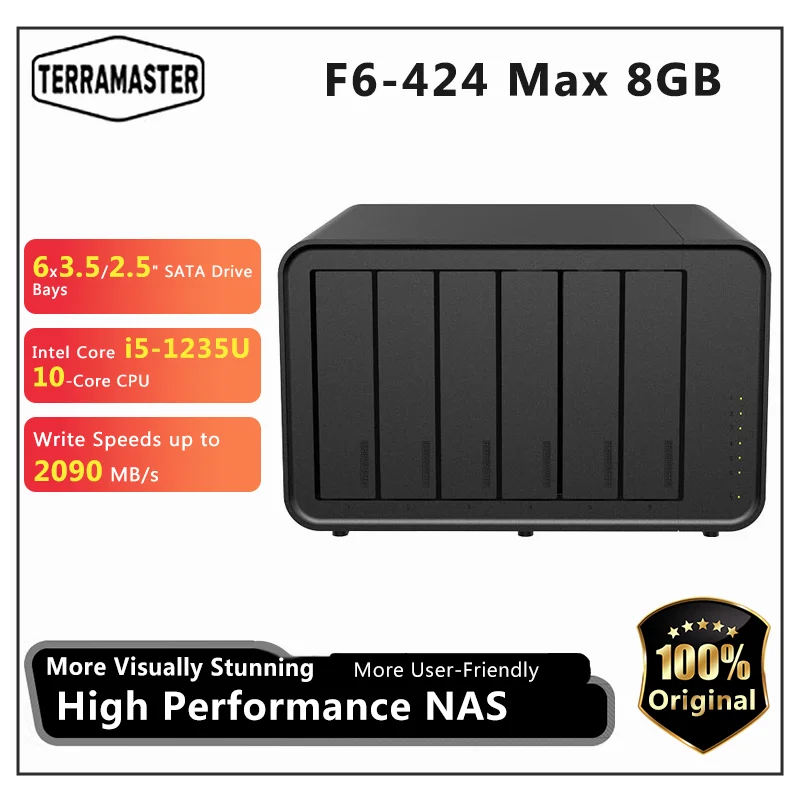 TERRAMASTER F6-424 Макс. 8 ГБ Макс. накопитель NAS — 6 отсеков Core i5 1235U, 10 ядер, 12 потоков, оперативная память DDR5, сетевое хранилище (без дисплея)