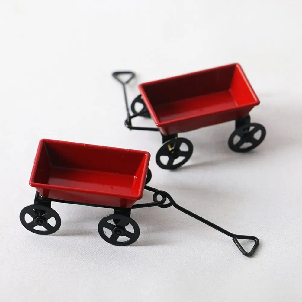 Mini Garden Cart Cute Dollhouse Miniature Metal Red Small Pulling Cart Garden Furniture Dollhouse Toy Doll Miniature Accessories