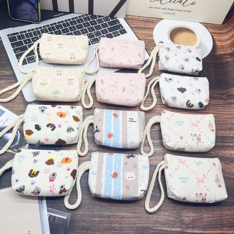 12Pcs Random Mini Zipper Pouch,Cute Printed Coin Purse with Wrist Strap, Storage Bags for Coins, Keys, Earbuds, Cosmetics, Gifts