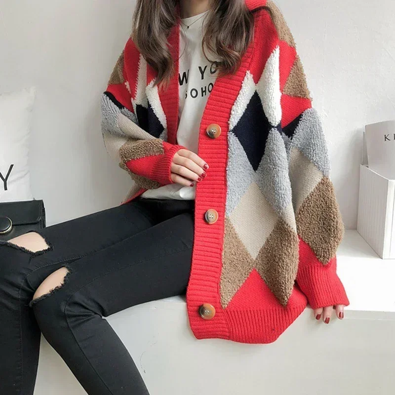 Plaid Cardigan Button Up Sweater Women Oversized Checkered Cardigans Autumn Winter Clothes Streetwear Long Sleeve Sweater Tops