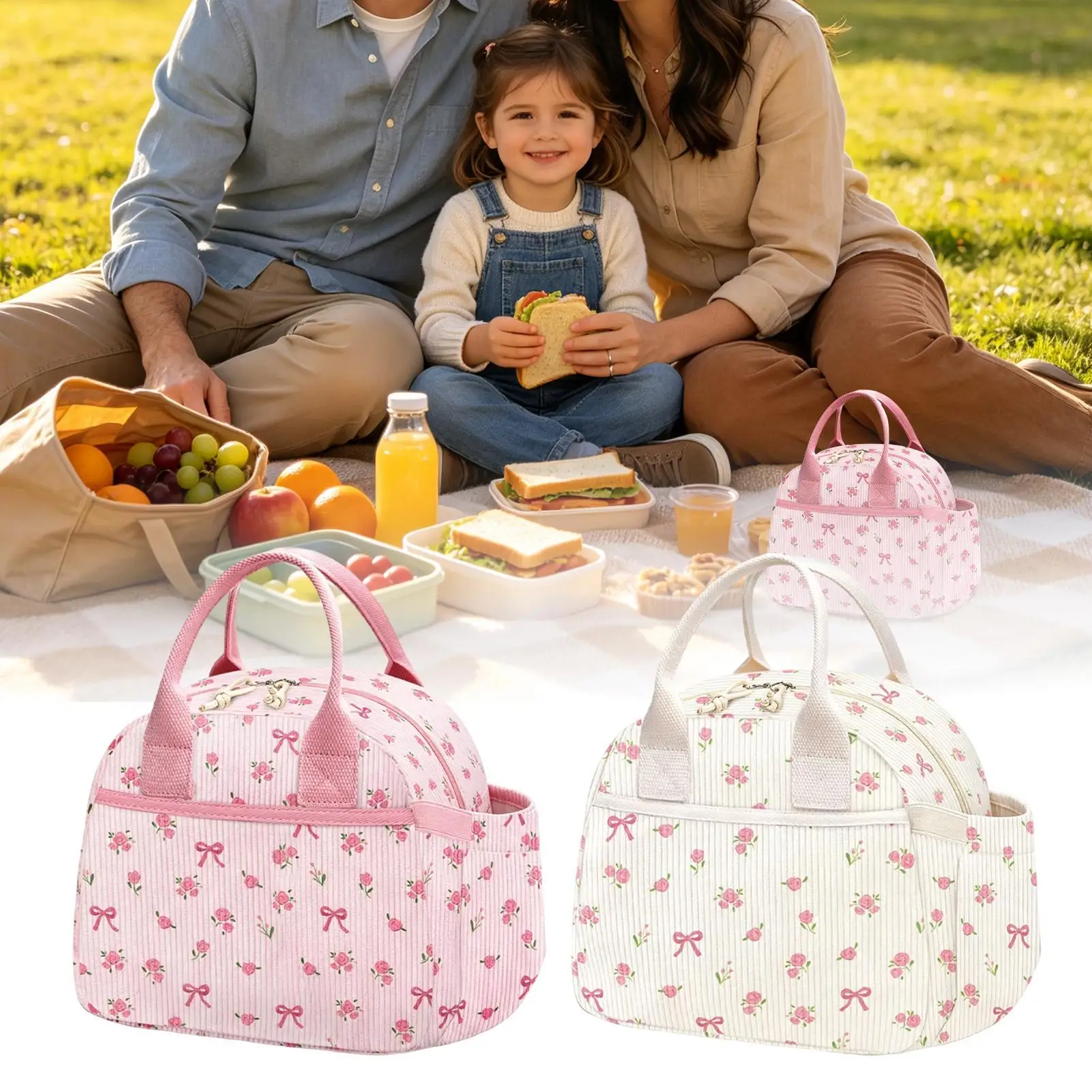 Cute Lunch Box Large Insulated Leakproof Reusable Corduroy Fabric Pink Insulated Lunch Box For Women Girls Office School Picnics view 2