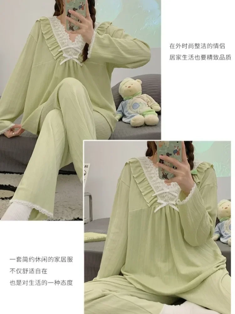 Plus Size Sweet Cotton Pajamas Women Autumn Spring Long Sleeve Soft Sleepwear Solid Loose Home Clothes Loungewear Negligee Suit