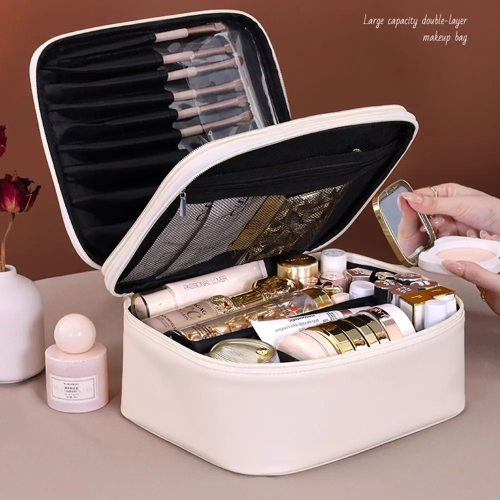 

Double-Layer Portable Cosmetic Bag Large Capacity Waterproof Ladies Makeup Handbag With Handle Detachable Dividers