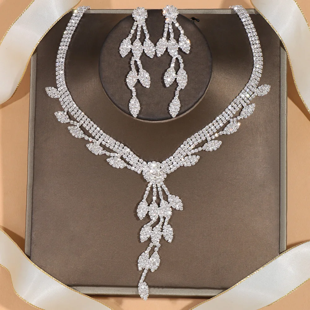 Stonefans Leaf Tassel Wedding Necklace Sets Elegant Jewelry for Women Luxury African Rhinestone Bridal Jewelry Set Banquet Gift