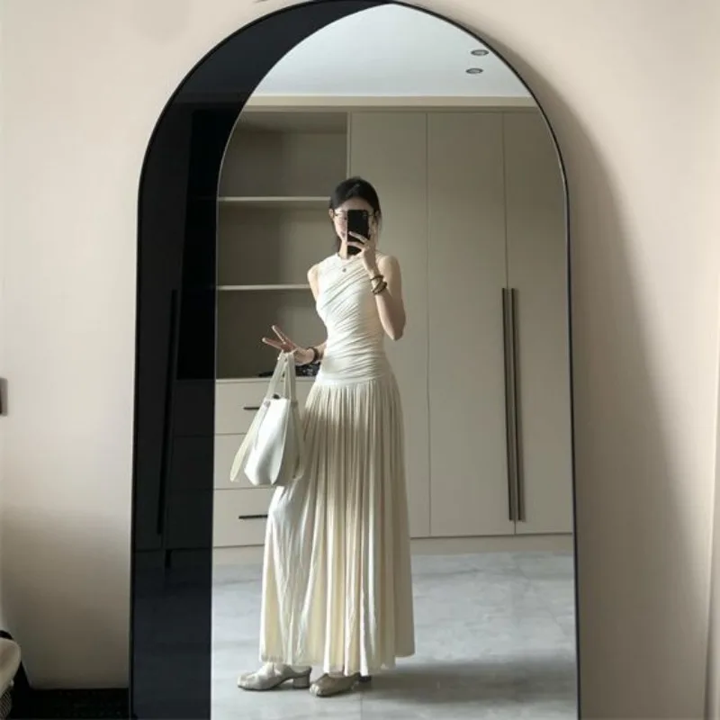 فستان ميدي عتيق مكشكش بدون أكمام للنساء بخصر عالٍ مطوي على شكل حرف A فستان طويل للسيدات ملابس صيفية أنيقة عصرية 2025