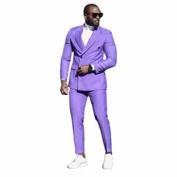 Latest Summer Purple Men Suit Slim 2 Piece Custom Double Breasted Wedding Groom Clothes Out fit Casual Daily Set Blazer Pants