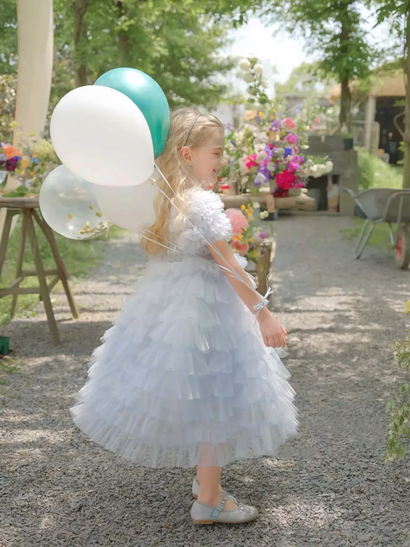 Vestido de florista inchado em camadas, lantejoulas, Tule Brilhante, Primeira Comunhão, Vestidos de baile, Kids Princess, Aniversário, Casamento, 2024