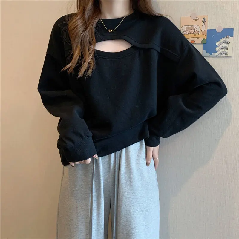 

Spring And Autumn Thin Women'S Loose Top Design Sense Niche Hollow Out Splicing Plus Size Hoodie Sweatshirt