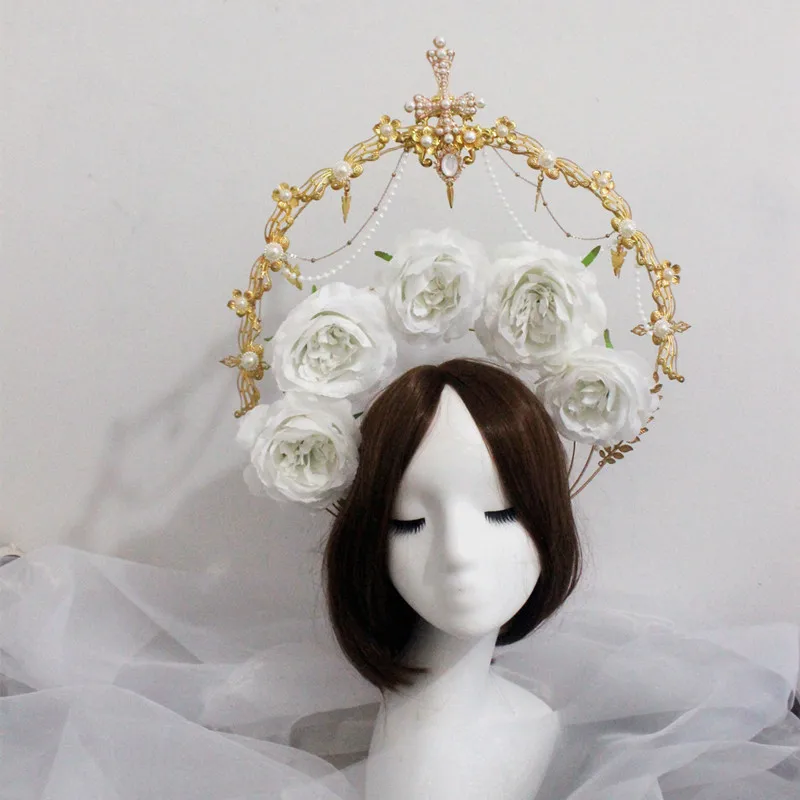 Rococo Baroque Halo Headpiece Virgin Sun Goddess Angel Gothic Party Floral Tiara Wedding Headband Lolita Accessories