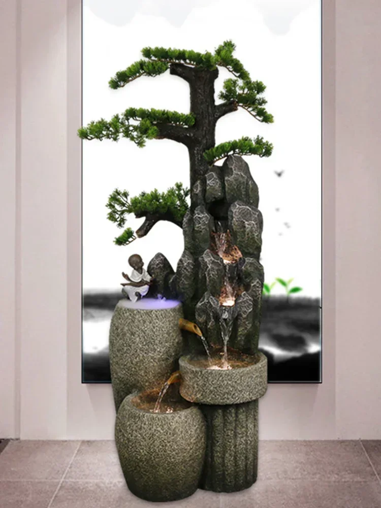

Chinese Style Welcome Pine Artificial Mountain and Fountain Balcony Landscape Floor Decoration Waterscape Decoration