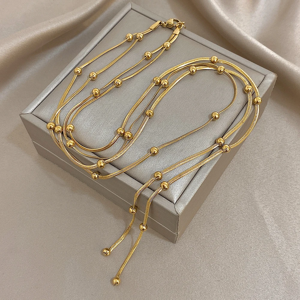 Fashion Beaded Stainless Steel Necklace for Women Minimalist Gold Color Double Layer Long Pendant Necklaces Party Jewelry view 4