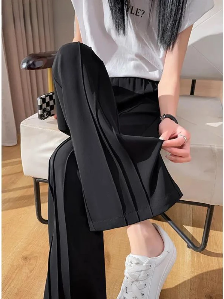 Calça de perna larga de cintura alta feminina, moda coreana, escritório elegante, seda gelo, calça de terno feminino, casual, sólida, verão, 2024