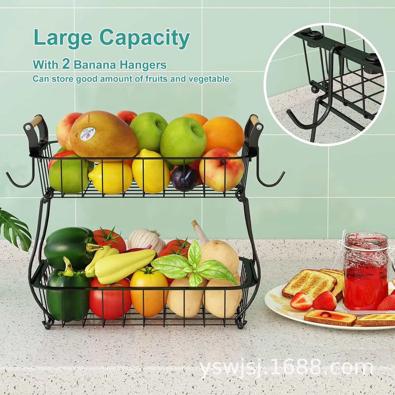 Kitchen Fruit Shelf Living Room Removable Storage Rack Tray Wooden Handle Portable Vegetable Fruit Basket Cross-border Hot Sale