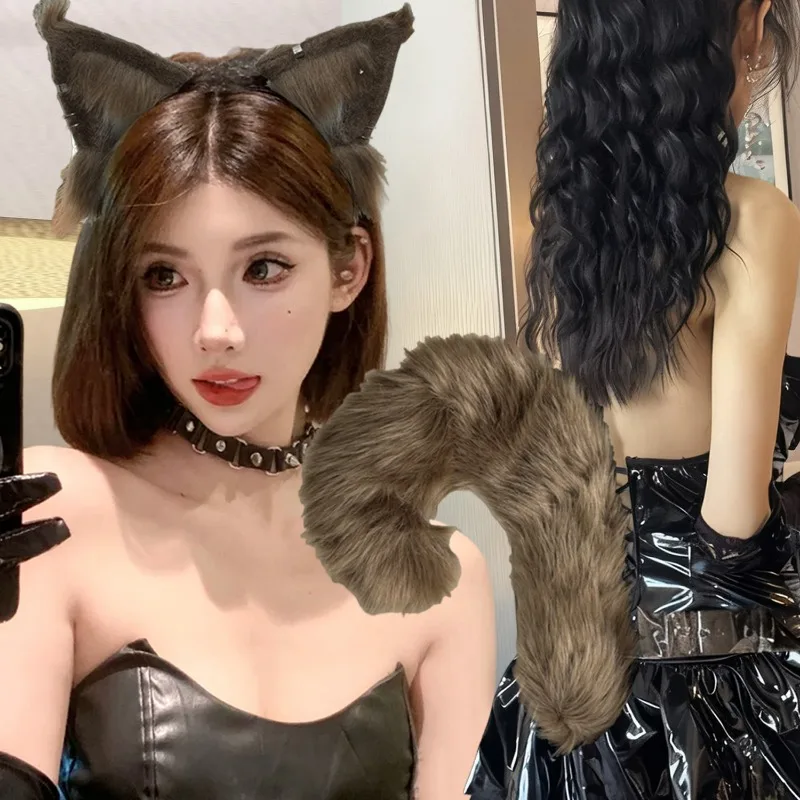 

1-2 шт., аксессуары для костюмов на Хэллоуин для женщин, повязка на голову с ушками животных, хвост, плюшевый реквизит для косплея, рождественская сексуальная повязка для волос, аксессуары