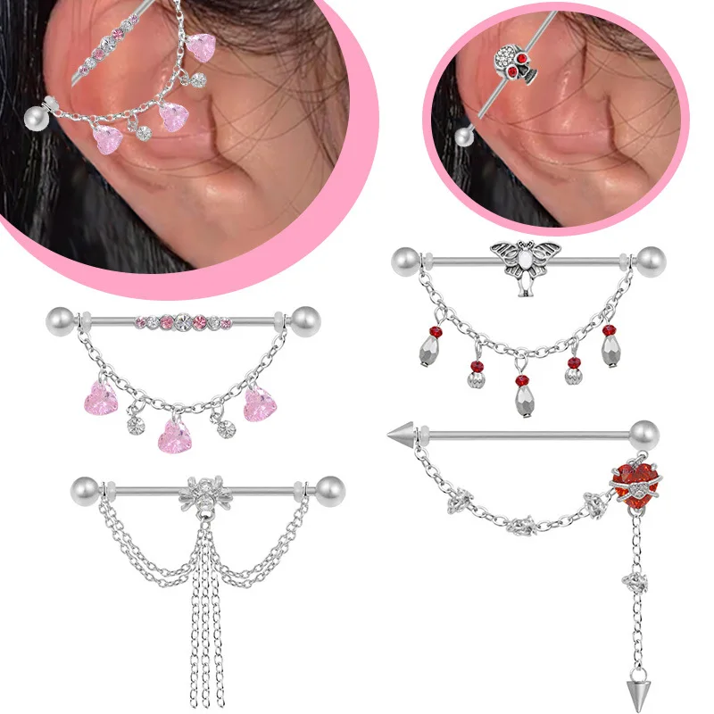 38MM Rod Love Double Ear Piercing Jewelry Fashion Heart Bow Bees Chain Earbone Nails Ear Bridge Earrings