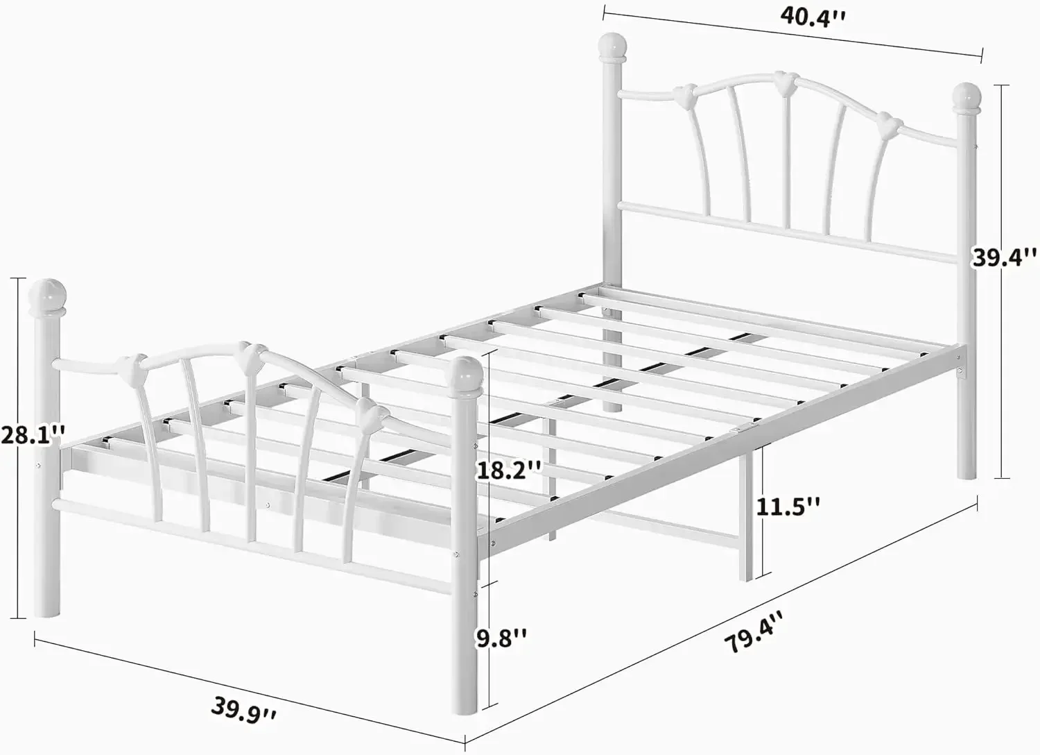 Estrutura de cama de solteiro para crianças, estrutura de cama de solteiro com cabeceira em formato de coração e suporte de ripas de metal pesado, branco silencioso