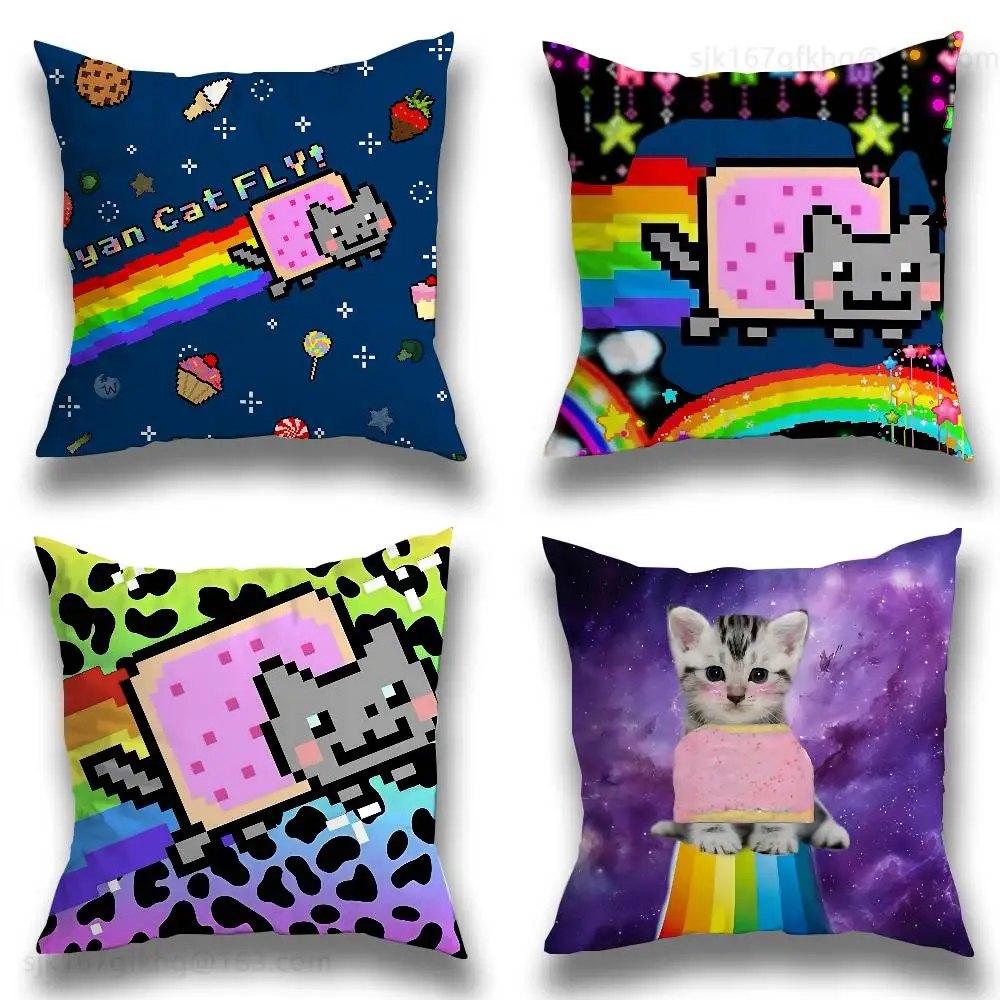 

Rainbow Alien Cat Pillow Case Square Double-Sided Printing Short Plush Sofa Cushion Cover Bedroom Bedside Pillow
