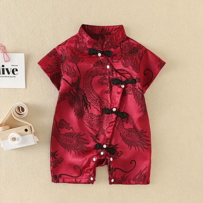 2023 Traditionele Chinese Satijnen Draak Jacquard Korte Mouw Tang Pak Rompertjes Pasgeboren Baby Unisex Casual Baby Kleding