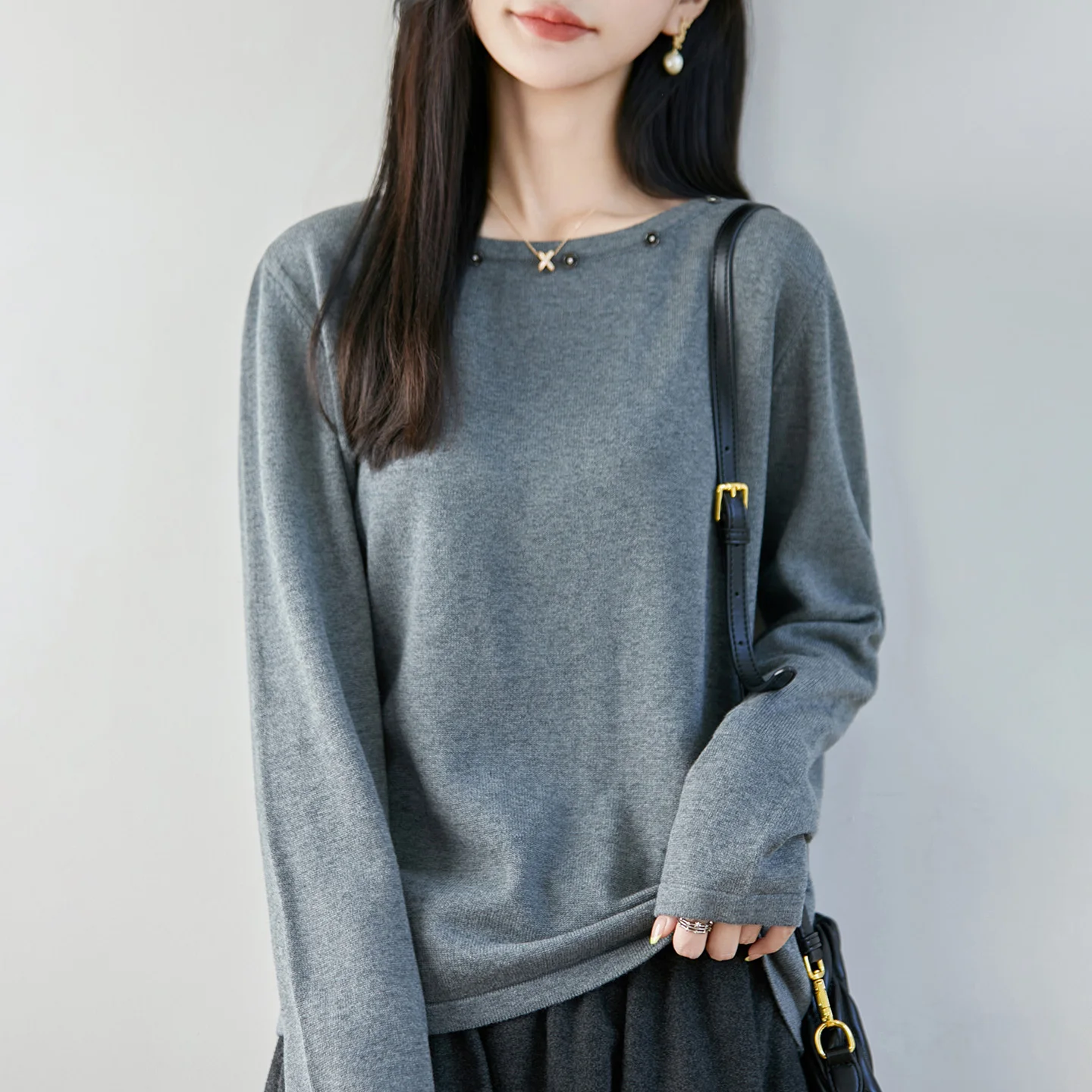 High end fashion 100% pure cotton women's sweater casual knitted round neck pullover autumn and winter solid color women's top