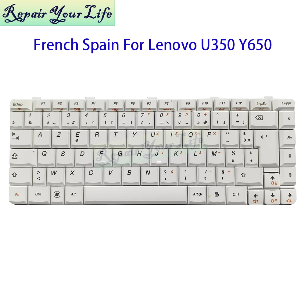 AZERTY French Spanish Keyboard For Lenovo Ideapad U350 U350A Y650 Y650A N2S-FR N2U-SP 25-008309 White Keycaps Notebook Teclado