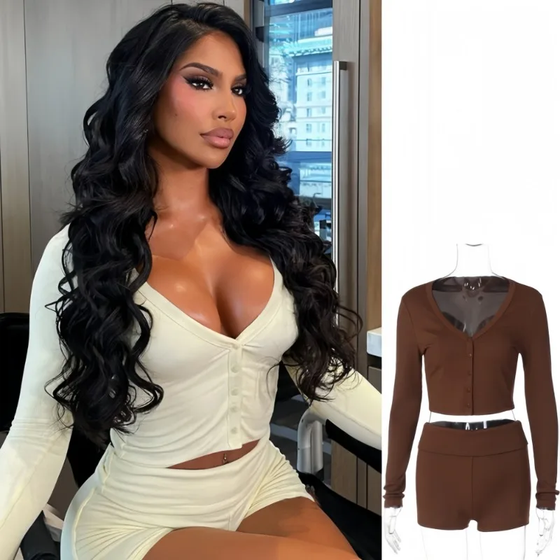 

FAGADOER Fashion Woman 2 Piece Set Outfit Solid Color Deep V-neck Long Sleeve Crop Top and Shorts Matching Female Streetwear New