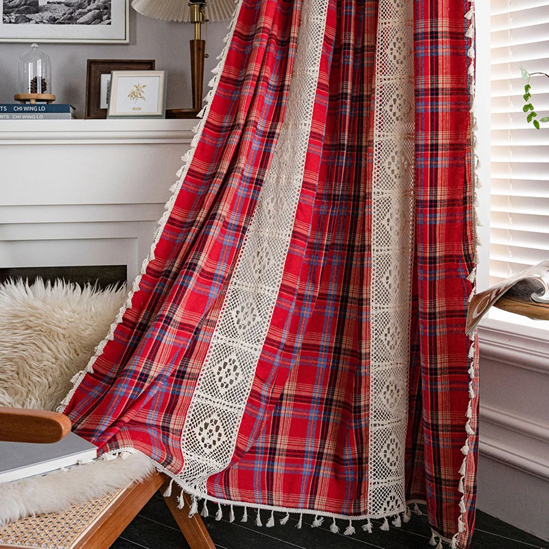 Christmas Buffalo Plaid Window Curtain Rod Pocket Semi Sheer Crochet Lace Curtains for Bedroom Living Room Farmhouse Decorations