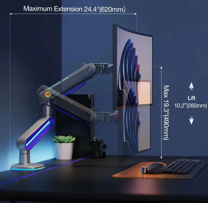 ذراع شاشة الألعاب ERGONOMIC لشاشات مسطحة/واسعة للغاية/منحنية 32 إلى 60 بوصة حامل شاشة عالي التحمل VESA Mount G70