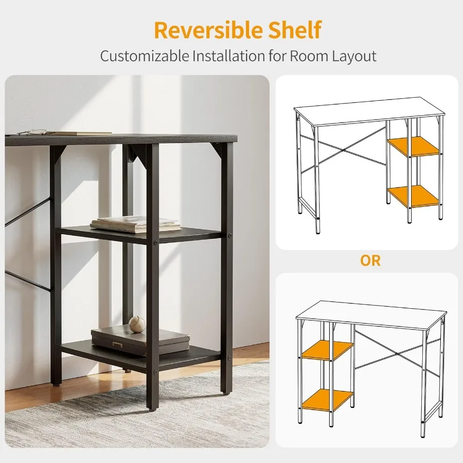 CubiCubi Mesa de computador pequena de 35 polegadas Mesa de escritório doméstico com prateleiras de armazenamento Mesa de estudo preta