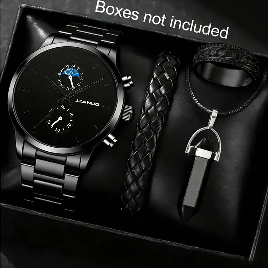 British fashion men's watch stainless steel with scale sun, moon and stars 4-piece bullet set casual quartz watch men