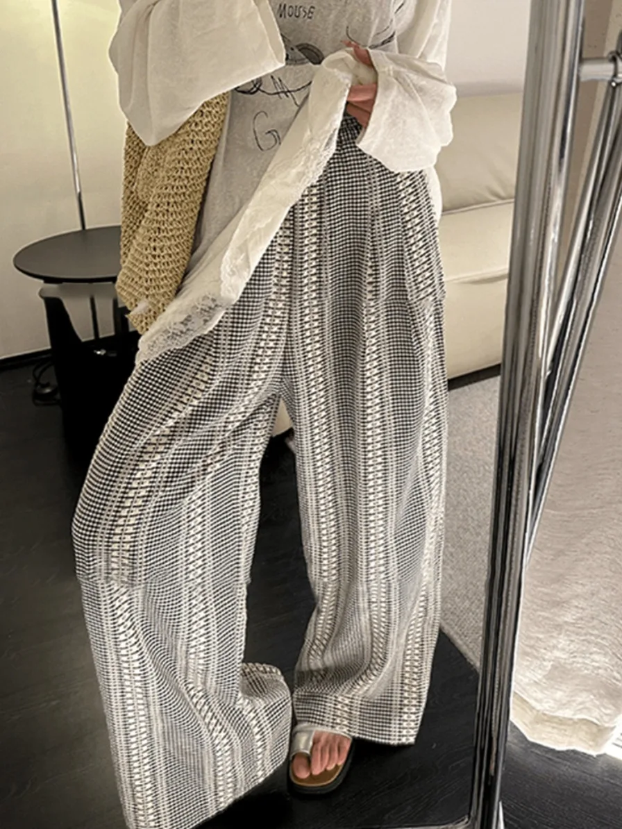 Laid-ba Koreaanse wijde pijpen broek retro ruit casual rechte snit zomer 2025 nieuwe dames hoge taille katoenmix broek