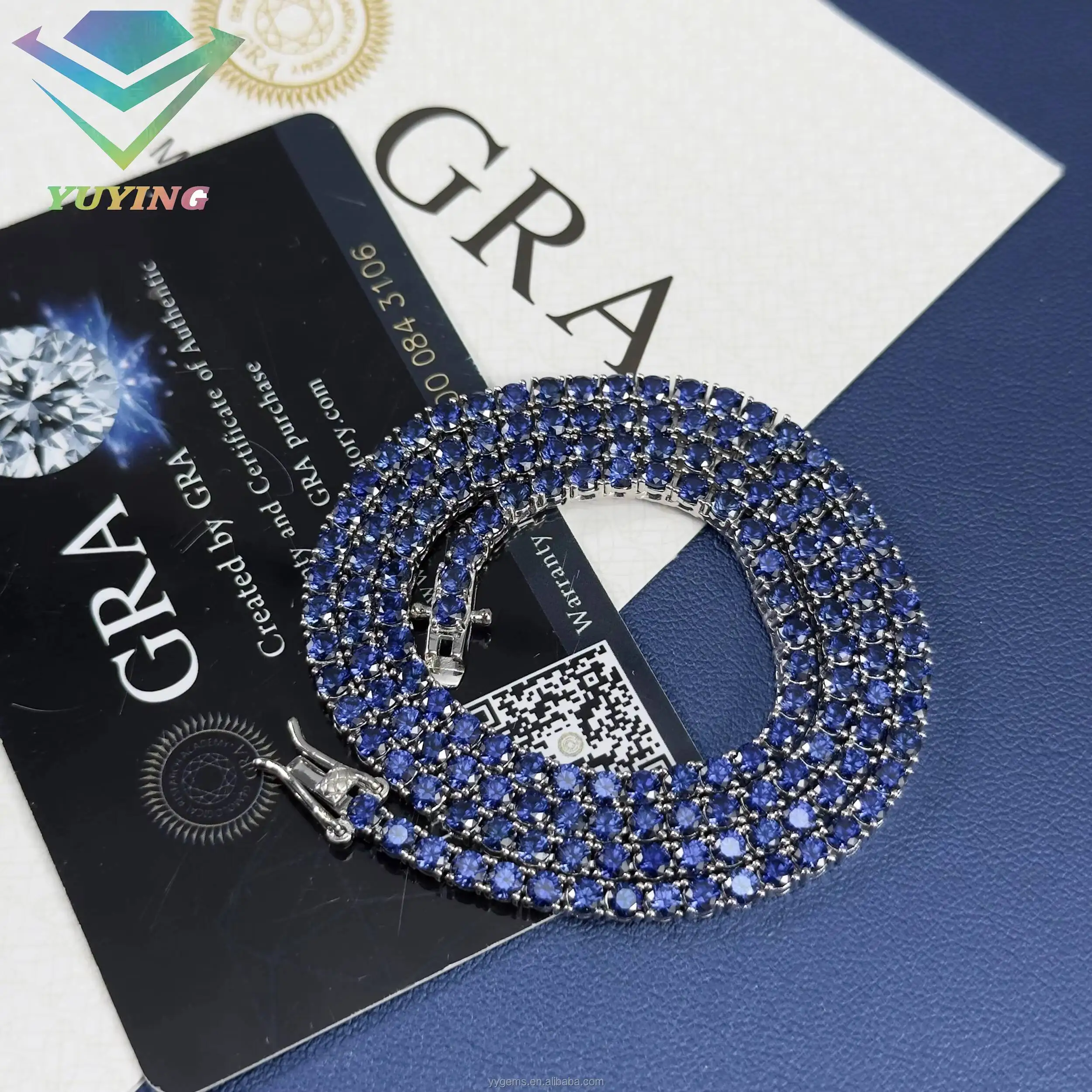 S925 necklace Moissanite Yu Ying Blue Diamond Tennis Chain Fine Jewelry 3mm Wide S925 Silver Blue Corundum Women/mans Necklac