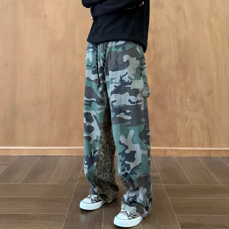 Streetwear Wide Leg Cargo Pants for Men Fall Winter Color Block Camo Leopard Print Patchwork Carpenter Workwear Trousers
