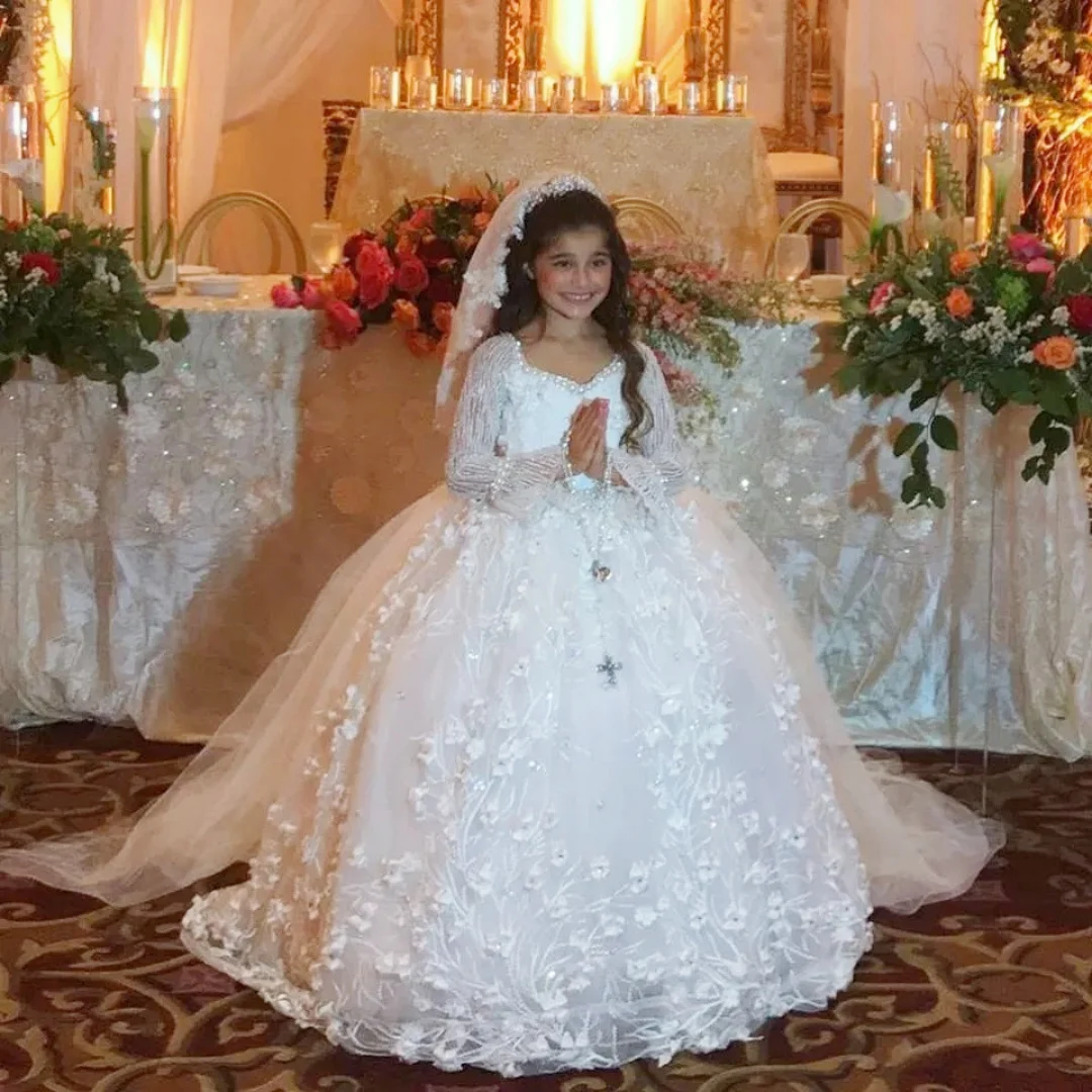 

White Puffy Flower Girl Dresses for Wedding Lace Appliques Beaded Baby Girl Birthday Dresses First Communion Gowns Customized