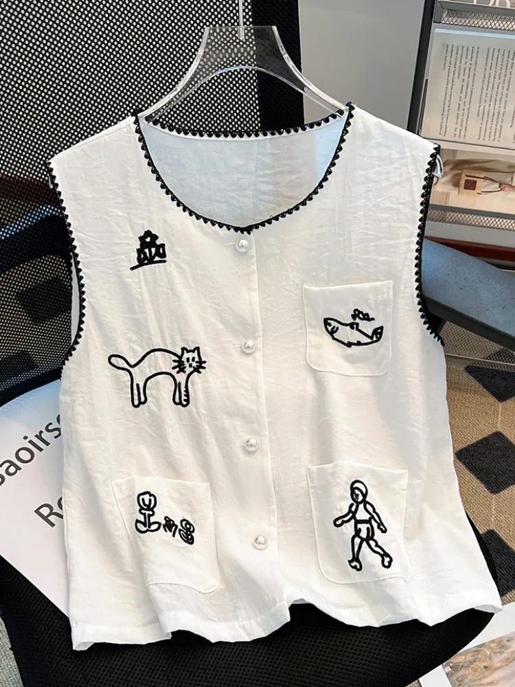 

Женский летний свободный модный топ с кружевной отделкой и вышивкой, корейский жилет с круглыми пуговицами