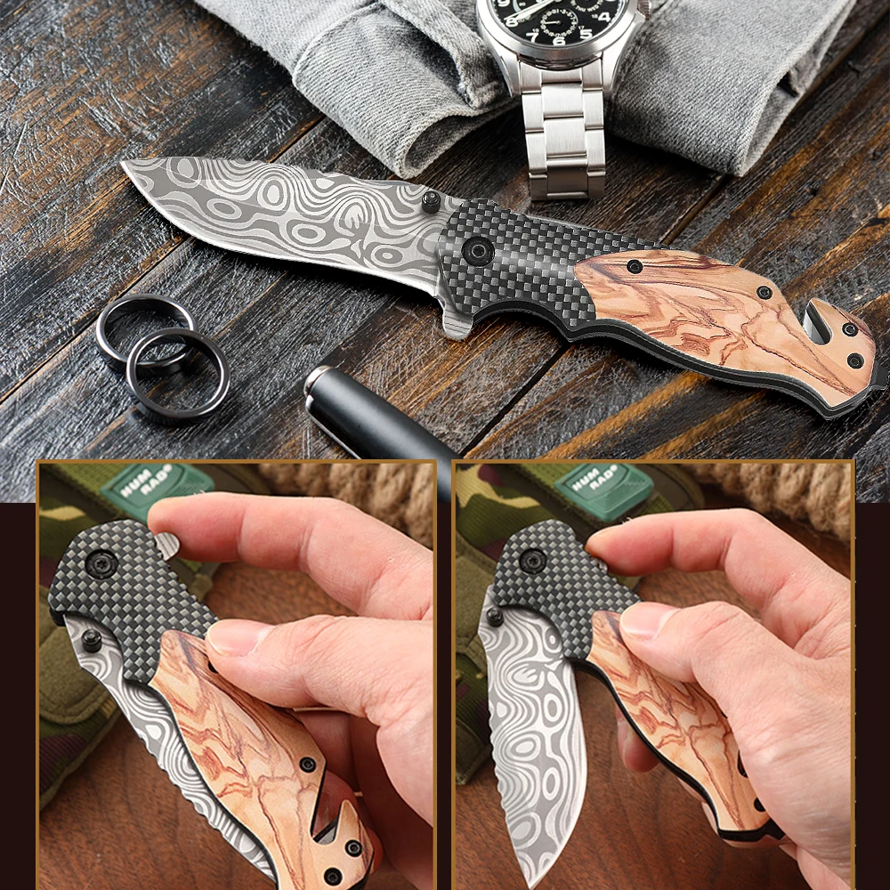 Coltello Tascabile Pieghevole Portatile in Acciaio Damascato con Manico in Legno, Strumento EDC per Campeggio e Sopravvivenza all'Aperto