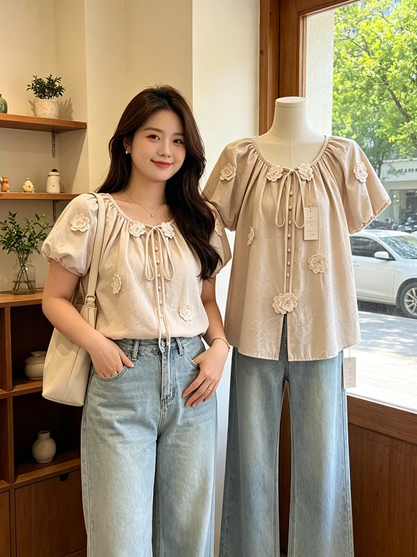 

Large Size Pink 3D Flower Short Sleeve Shirt Women's Beautiful Doll Shoulder Top Korean Style Commute Fashion Breathable Skin...