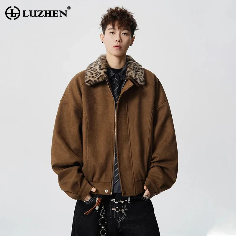 

LUZHEN 2025 New Fashion Faux Fur Leopard Print Neck Loose Casual Jacket Men's Trendy Handsome Solid Color Male Clothes JY5262