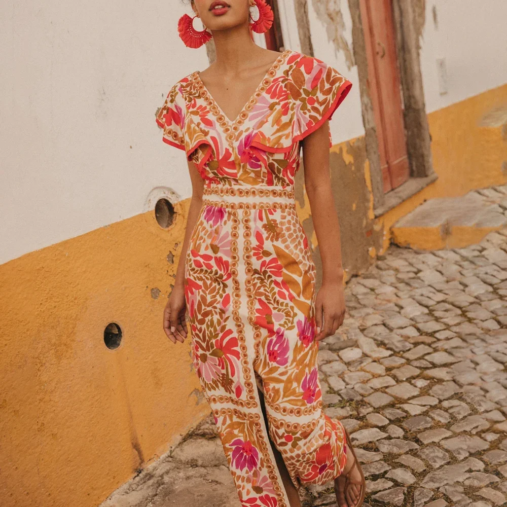 Bañador de una pieza con volantes y cuello en V para mujer, traje de baño de lujo con estampado Retro, falda, ropa de playa